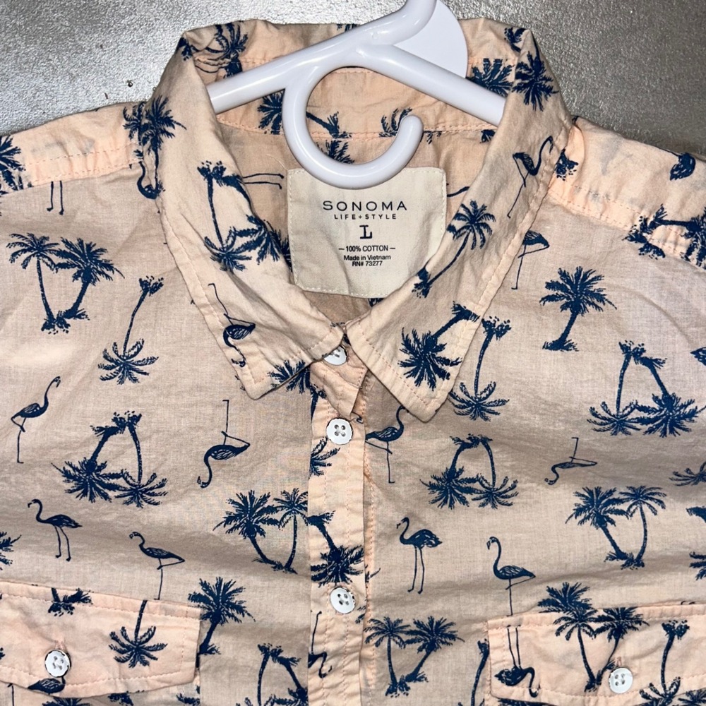 Sonoma Life‎ + Style Palm Tree Flamingo Print Button Down Pink Women's Large